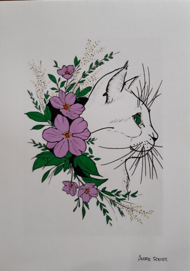 Painting titled "Chat fleurs" by André Roeser, Original Artwork, Acrylic