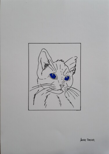 Painting titled "Chat aux yeux bleus" by André Roeser, Original Artwork, Acrylic