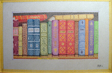 Drawing titled "bibliothèque" by Andre Rollet, Original Artwork, Pencil Mounted on Wood Stretcher frame