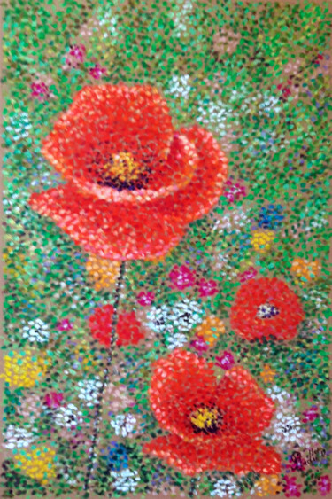 Drawing titled "champ de coquelicots" by Andre Rollet, Original Artwork, Pastel