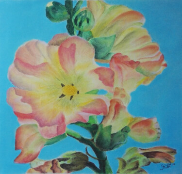 Zeichnungen mit dem Titel "roses trémières" von Andre Rollet, Original-Kunstwerk, Pastell