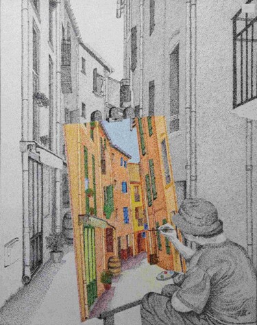 제목이 "dans la rue"인 미술작품 Andre Rollet로, 원작, 아크릴 나무 들것 프레임에 장착됨