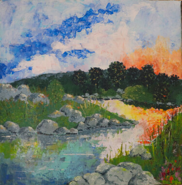 Painting titled "la rivière" by Andre Rollet, Original Artwork, Acrylic Mounted on Wood Stretcher frame