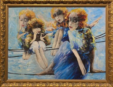 Painting titled "petits oiseaux" by André Sofine, Original Artwork, Oil Mounted on Wood Stretcher frame