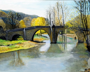 Peinture intitulée "Pont médiéval de Be…" par André Thiersm&Rie-Francoise, Œuvre d'art originale, Huile