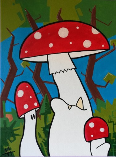 Painting titled "Amanita muscaria" by Andrea Aimone, Original Artwork, Acrylic Mounted on Wood Stretcher frame