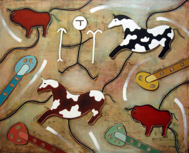 Pittura intitolato "Cavalli e bisonti" da Andrea Benetti, Opera d'arte originale, Olio