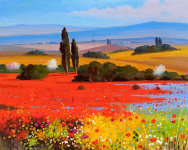Painting titled "Flowering in red -…" by Andrea Borella, Original Artwork, Oil Mounted on Wood Stretcher frame