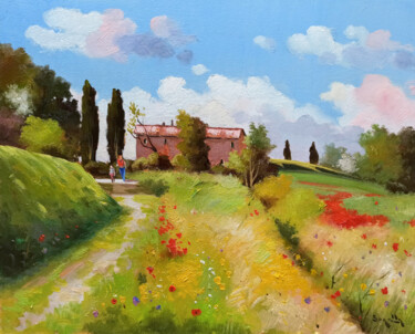 Painting titled "The red house - Tus…" by Andrea Borella, Original Artwork, Oil Mounted on Wood Panel