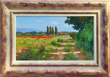 Painting titled "Country road with p…" by Andrea Borella, Original Artwork, Oil Mounted on Wood Panel