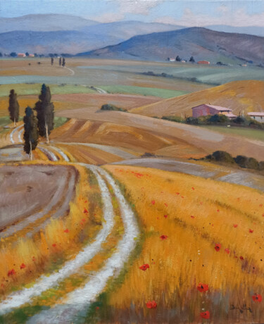 Картина под названием "Tuscany hills - Gla…" - Andrea Borella, Подлинное произведение искусства, Масло Установлен на Деревян…