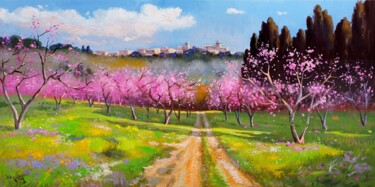 Malerei mit dem Titel "Flowery peach trees…" von Andrea Borella, Original-Kunstwerk, Öl Auf Holzplatte montiert
