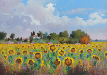 Painting titled "Sunflowers - Tuscan…" by Andrea Borella, Original Artwork, Oil Mounted on Wood Stretcher frame