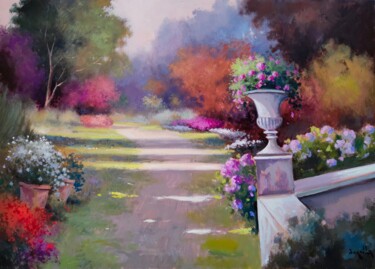 Painting titled "Garden path - Itali…" by Andrea Borella, Original Artwork, Oil Mounted on Wood Panel