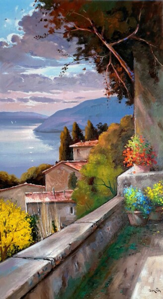 Pittura intitolato "Towards evening on…" da Andrea Borella, Opera d'arte originale, Olio Montato su Pannello di legno