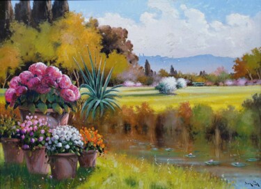Painting titled "Garden with pond -…" by Andrea Borella, Original Artwork, Oil Mounted on Wood Panel