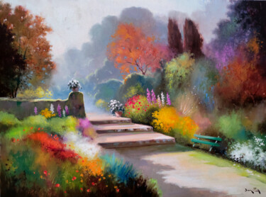 Painting titled "Flowered garden - I…" by Andrea Borella, Original Artwork, Oil Mounted on Wood Panel