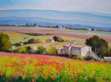 Painting titled "Countryside in June…" by Andrea Borella, Original Artwork, Oil Mounted on Wood Stretcher frame