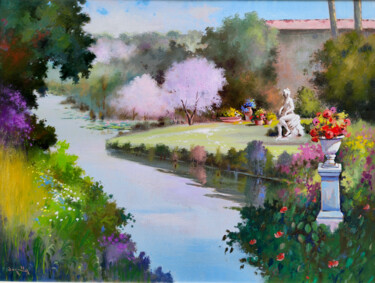 Painting titled "Garden with stream…" by Andrea Borella, Original Artwork, Oil Mounted on Wood Panel