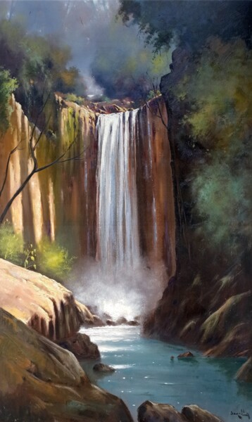 Painting titled "The waterfall - Ita…" by Andrea Borella, Original Artwork, Oil Mounted on Wood Panel