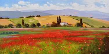 Painting titled "Countryside with po…" by Andrea Borella, Original Artwork, Oil Mounted on Wood Stretcher frame