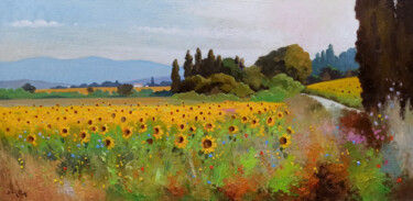 Painting titled "Sunflowers field pa…" by Andrea Borella, Original Artwork, Oil Mounted on Wood Panel