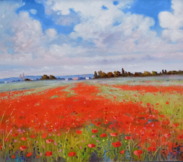 Painting titled "Countryside poppies…" by Andrea Borella, Original Artwork, Oil Mounted on Wood Panel