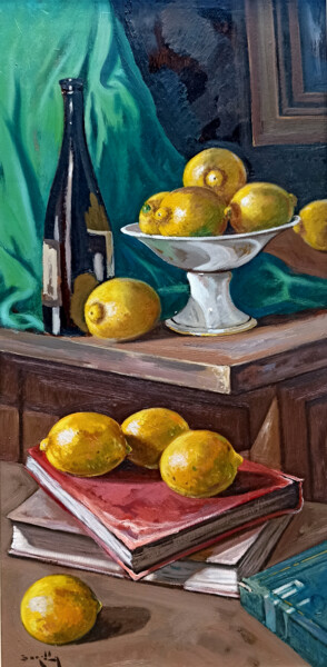 Peinture intitulée "Lemons & Books - It…" par Andrea Borella, Œuvre d'art originale, Huile Monté sur Panneau de bois