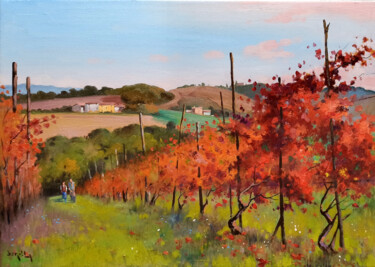Painting titled "Walking in the vine…" by Andrea Borella, Original Artwork, Oil Mounted on Wood Stretcher frame
