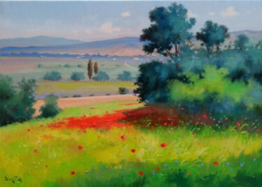 Painting titled "Summer countryside…" by Andrea Borella, Original Artwork, Oil Mounted on Wood Stretcher frame