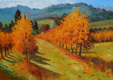 Painting titled "Autumn vineyard - T…" by Andrea Borella, Original Artwork, Oil Mounted on Wood Stretcher frame