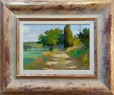 Painting titled "Countryside with fi…" by Andrea Borella, Original Artwork, Oil Mounted on Wood Panel
