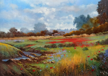 Painting titled "In the countryside…" by Andrea Borella, Original Artwork, Oil Mounted on Wood Panel