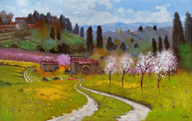 Painting titled "Countryside in the…" by Andrea Borella, Original Artwork, Oil Mounted on Wood Panel