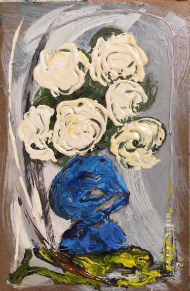 Schilderij getiteld "Fiori nel Vaso blu" door Andrea Collemaggio, Origineel Kunstwerk, Olie