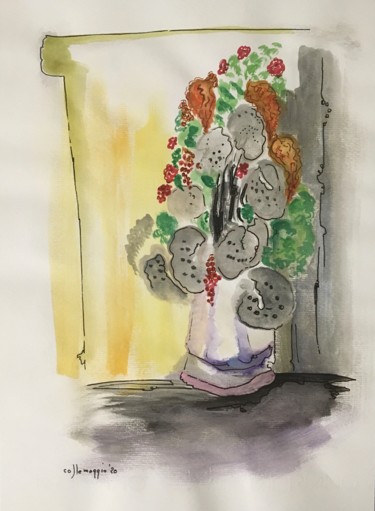 Foglie secche e fiori in un vaso Disegno intitolato "Foglie secche e fio…" da Andrea Collemaggio, Opera d'arte originale, Inchiostro
