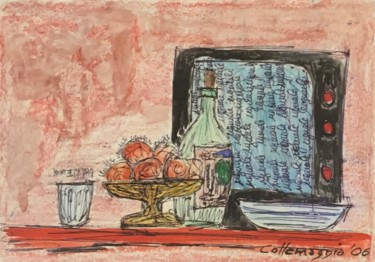 Dessin intitulée "Televisione in cuci…" par Andrea Collemaggio, Œuvre d'art originale, Stylo à bille Monté sur Verre