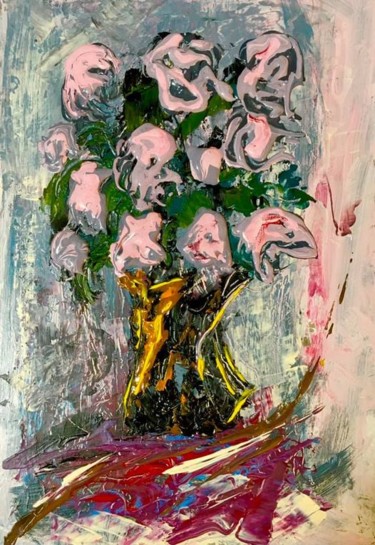 Fiori rosa in un vaso Pittura intitolato "Fiori rosa in un va…" da Andrea Collemaggio, Opera d'arte originale, Olio