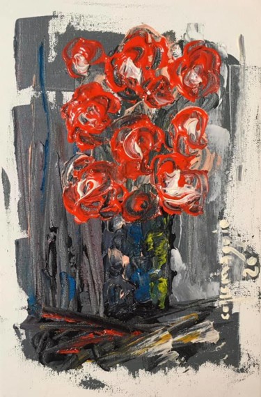 fiori rossi in un vaso Pittura intitolato "fiori rossi in un v…" da Andrea Collemaggio, Opera d'arte originale, Olio