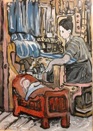 Картина под названием "Maternità al lavoro" - Andrea Collemaggio, Подлинное произведение искусства, Акрил