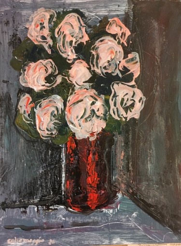 Painting titled "Fiori nel vaso rosso" by Andrea Collemaggio, Original Artwork, Oil