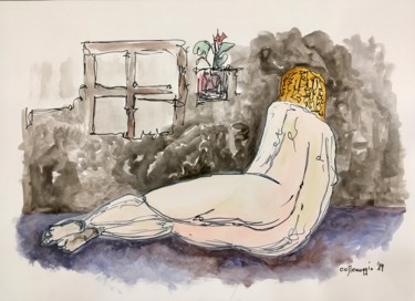 Disegno intitolato "Musa, fiore, finest…" da Andrea Collemaggio, Opera d'arte originale, Acquarello