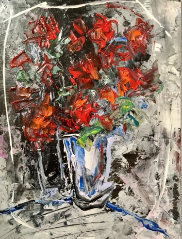 Pittura intitolato "Fiori rossi, vaso e…" da Andrea Collemaggio, Opera d'arte originale, Acrilico