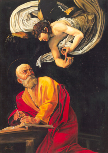 Painting titled "CARAVAGGIO - San Ma…" by Andrea Del Pesco, Original Artwork, Oil Mounted on Wood Panel