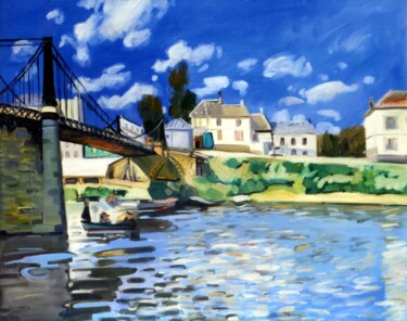 Painting titled "A. SISLEY - Le pont…" by Andrea Del Pesco, Original Artwork, Oil Mounted on Wood Stretcher frame