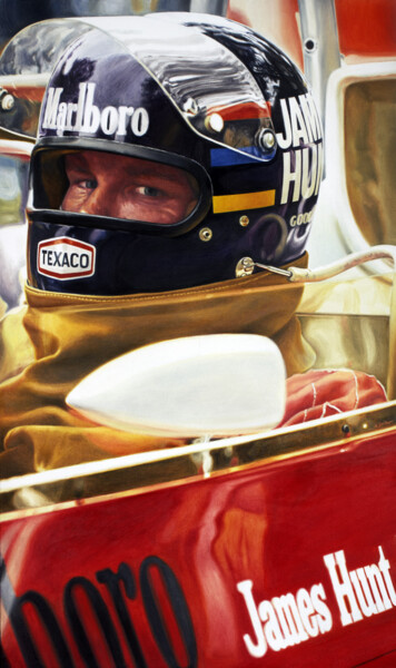 Painting titled "JAMES HUNT IN THE M…" by Andrea Del Pesco, Original Artwork, Oil Mounted on Wood Stretcher frame