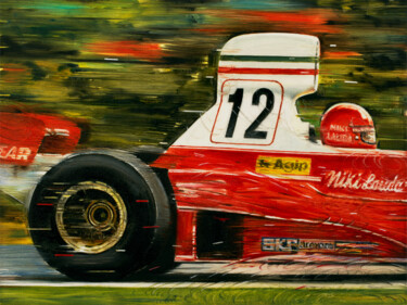 Painting titled "NIKI LAUDA FERRARI…" by Andrea Del Pesco, Original Artwork, Oil Mounted on Wood Stretcher frame