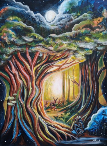 Painting titled "Frau im Wald" by Andrea Kux, Original Artwork, Acrylic Mounted on Wood Stretcher frame