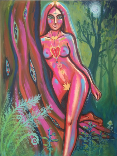 Painting titled "Rote Frau 2022" by Andrea Kux, Original Artwork, Acrylic Mounted on Wood Stretcher frame