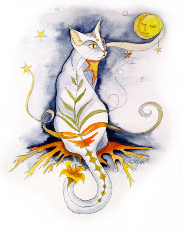 Malerei mit dem Titel "Kraftbild Katze" von Andrea Kux, Original-Kunstwerk, Aquarell